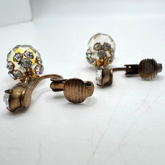 Aurora Borealis Vintage Crystal Clip-On Gold-Tone Drop Earrings Rhinestone - Picture 4 of 6